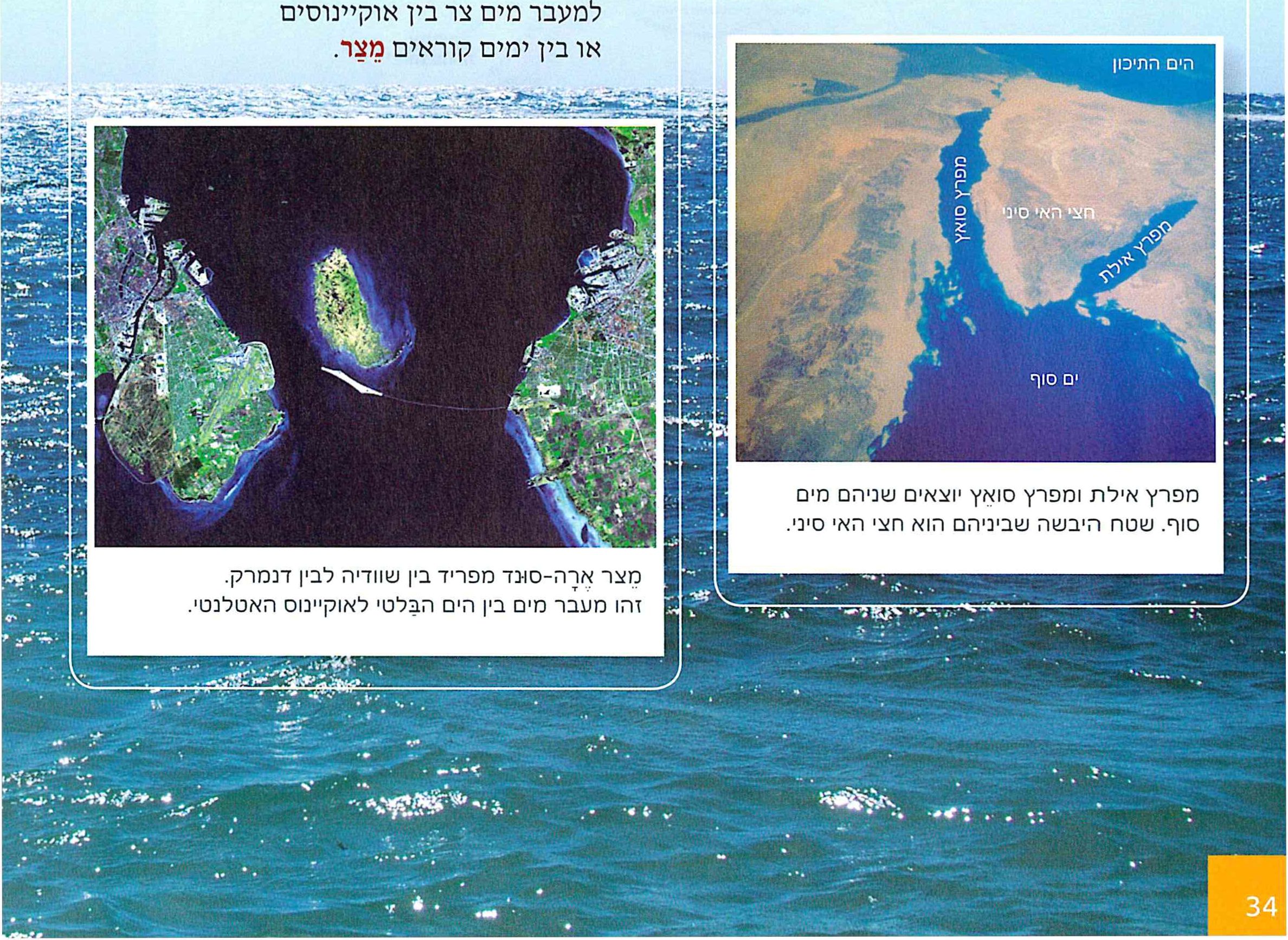 מימין- מפרץ אילת ומפרץ סואץ יוצאים שניהם מים סוף. שטח היבשה שביניהם הוא חצי האי סיני.
משמאל- מצר ארה-סונד מפריד בין שוודיה לבין דנמרק. זהו מעבר מים בין הים הבלטי לאוקיינוס האטלנטי. 